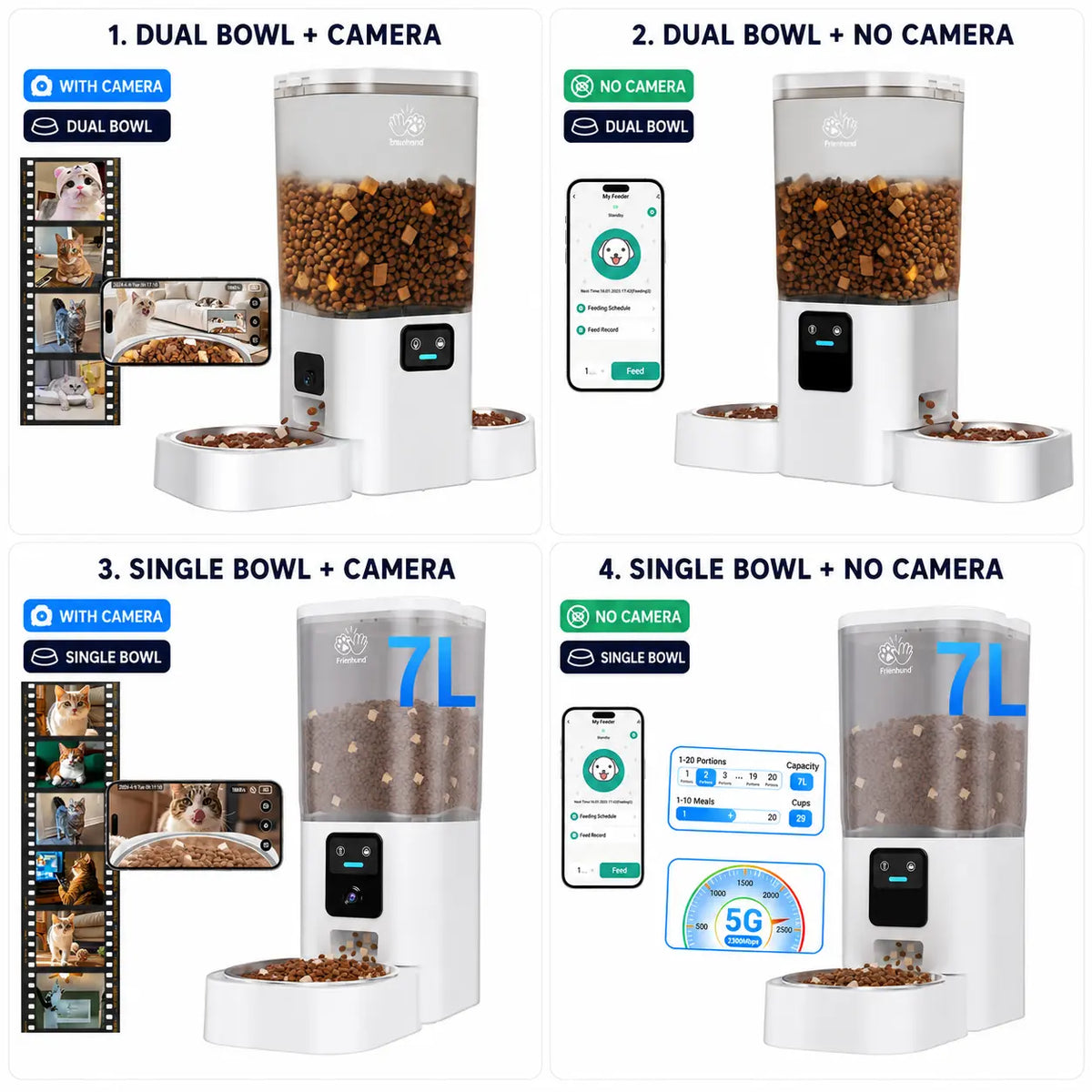 Frienhund Dual Camera Smart Pet Feeder – CHOOSE: with CAMERA / NO CAMERA, with 7L Dry Food Capacity, 1080P HD Monitoring, Night Vision,Slow Feed Mod, App Remote Control, Timed & Portion Feeding, Dual Stainless Steel Bowls for Multi-Pet Homes, Dual Bowls