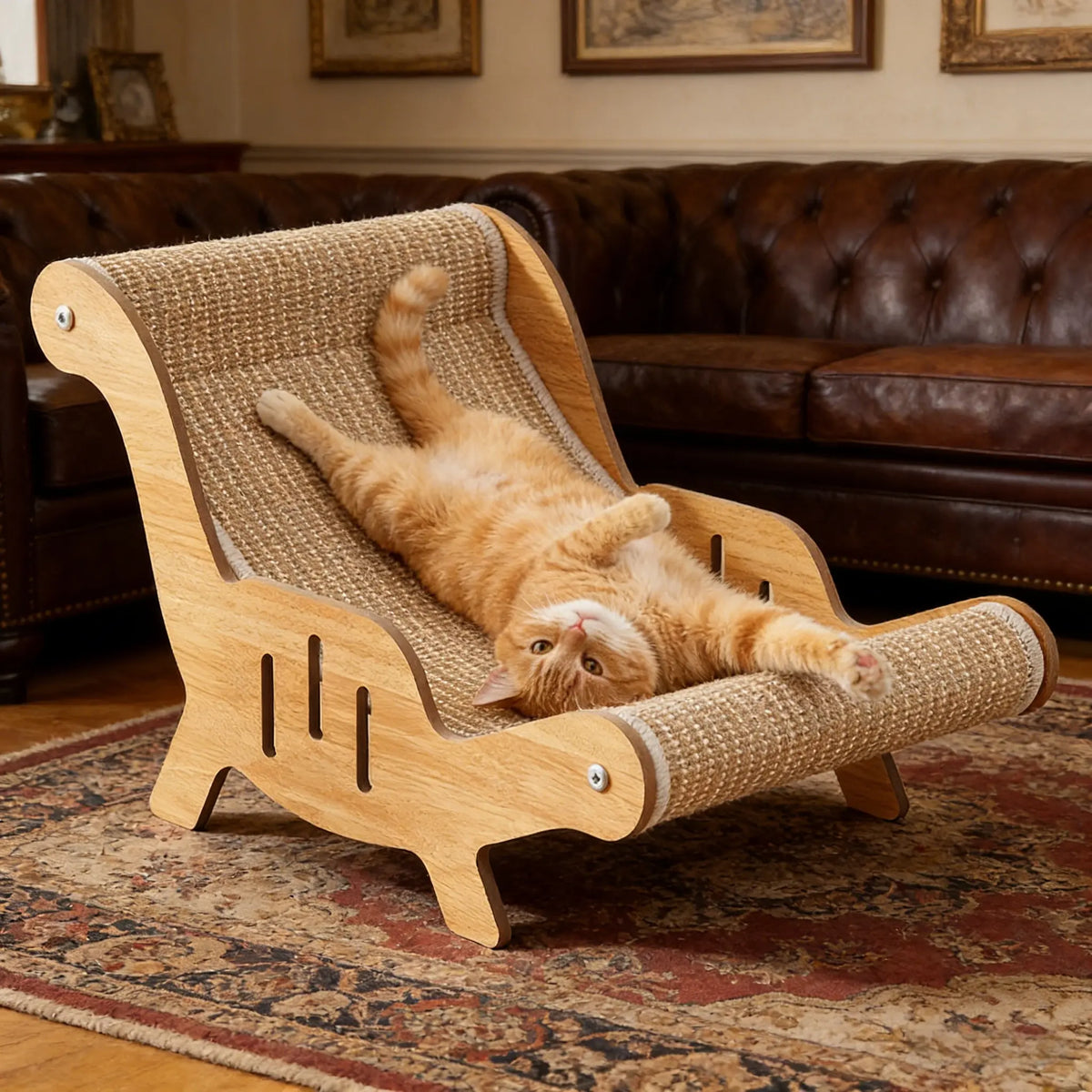 2-In-1 Natural Sisal Fiber Cat Scratcher with Hammock & Lounge Chair, No Shedding, Breathable, Durable All-Season Cat Bed for Claw Sharpening & Rest, Natural Sisal Scratcher