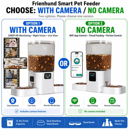 Frienhund Dual Camera Smart Pet Feeder – CHOOSE: with CAMERA / NO CAMERA, with 7L Dry Food Capacity, 1080P HD Monitoring, Night Vision,Slow Feed Mod, App Remote Control, Timed & Portion Feeding, Dual Stainless Steel Bowls for Multi-Pet Homes, Dual Bowls
