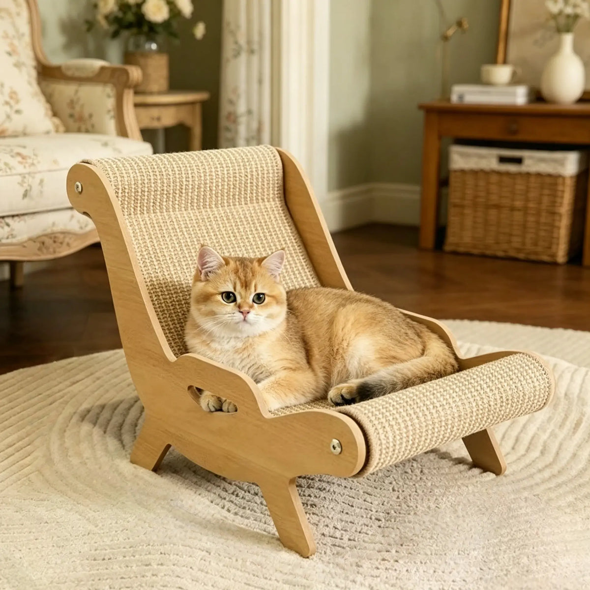 2-In-1 Natural Sisal Fiber Cat Scratcher with Hammock & Lounge Chair, No Shedding, Breathable, Durable All-Season Cat Bed for Claw Sharpening & Rest, Natural Sisal Scratcher
