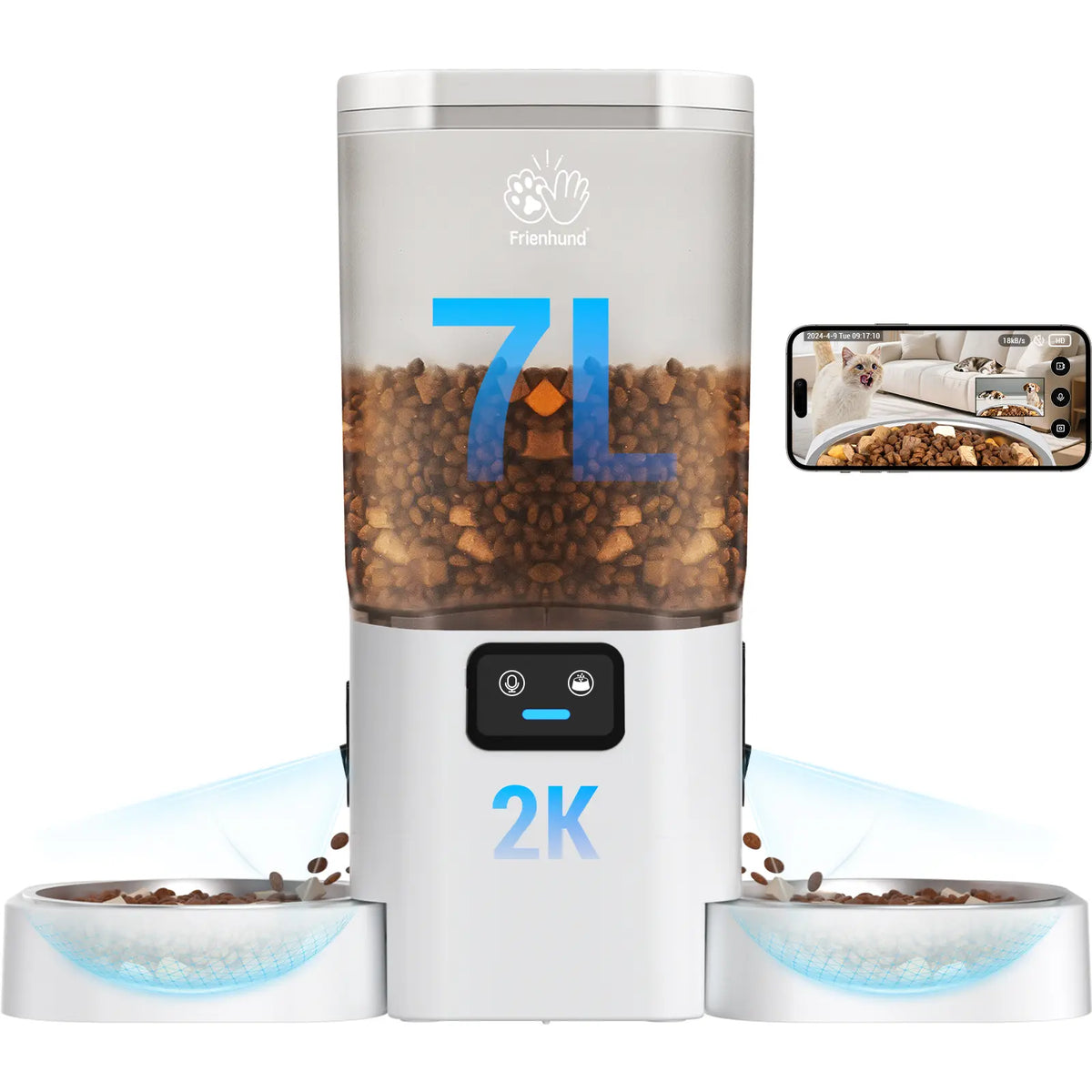 Frienhund Dual Camera Smart Pet Feeder – CHOOSE: with CAMERA / NO CAMERA, with 7L Dry Food Capacity, 1080P HD Monitoring, Night Vision,Slow Feed Mod, App Remote Control, Timed & Portion Feeding, Dual Stainless Steel Bowls for Multi-Pet Homes, Dual Bowls